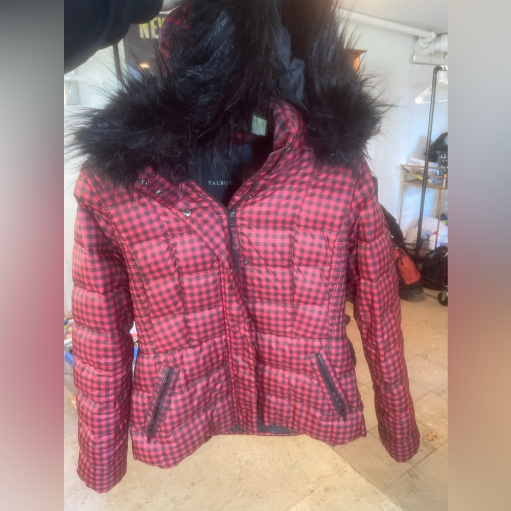 Talbots red and black checkered jacket with black fur hood